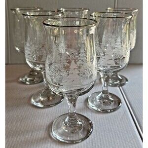 Libbey Winter Wonderland Christmas Etched 7" Wine Glasses W/Gold Rim-set Of 6